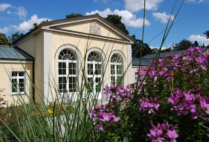 Sie sehen ein historisches Gebäude, den Klenzebau, im Kurpark Bad Steben. Im Vordergrund sind lila blühende Blumen zu sehen.