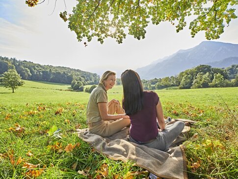 Hier sehen sie zwei Frauen auf einer Wiese sitzen. Die eine Frau erklärt der anderen etwas. Beide sind mit dem Rücken zu uns gedreht. Vor den zwei Frauen erstreckt sich ein Bergpanorama. . 