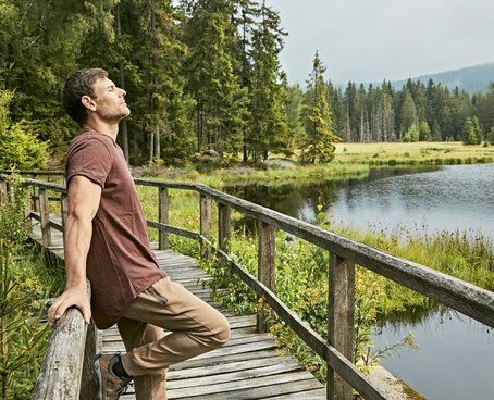 Hier sehen Sie einen Mann der auf einer kleinen Brücke über einem See steht. Er lehnt sich an das Gelände an und schaut zum Himmel rauf. Um ihn herum sind viele Bäume und Büsche zu sehen. 