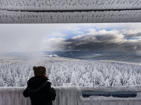 Hier sehen Sie Frau mit Mütze, die in eine verschneite Landschaft schaut.