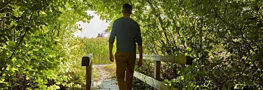 Hier sehen Sie einen Mann, der über eine kleine hölzerne Brücke läuft, die mitten durch grüne Bäume und Büsche verläuft.