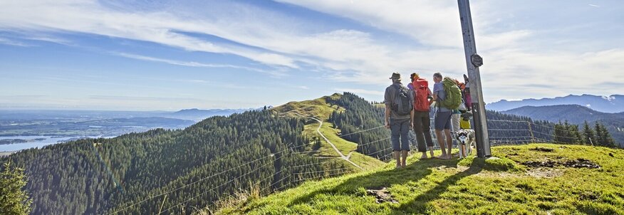 Hier sehen Sie eine Gruppe an Wanderern, die das Gipfelkreuz erreicht haben und auf eine Berglandschaft blicken. 