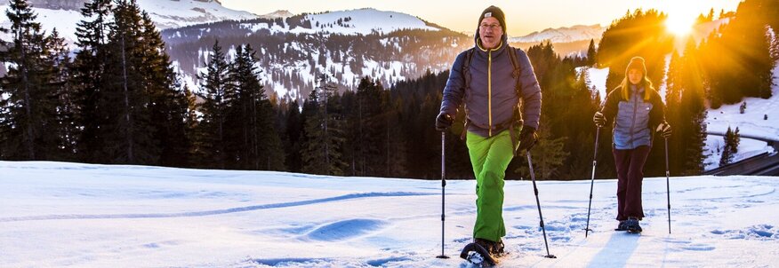 Hier sehen Sie zwei Personen, die mit Schneeschuhen durch eine verschneite Landschaft wandern. 