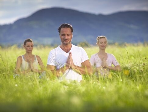 Hier sehen Sie eine Gruppe von drei Personen auf einer Wiese sitzen. Ein Mann sitzt vorne in der Mitte, hinter ihm sitzen links und rechts je eine Frau. Sie haben eine Meditationshaltung eingenommen, die Hände sind vor der Brust und die Augen sind geschlossen. Hinter ihnen erstreckt sich ein Bergpanorama. 