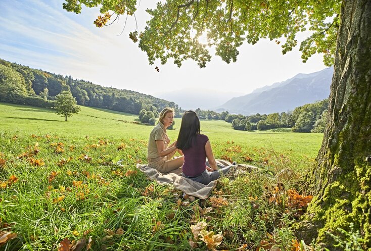 Hier sehen sie eine herbstliche Landschaft. Auf der großen Wiese unter einem großen Baum sitzen zwei Frauen mit dem Rücken zu uns gedreht. 