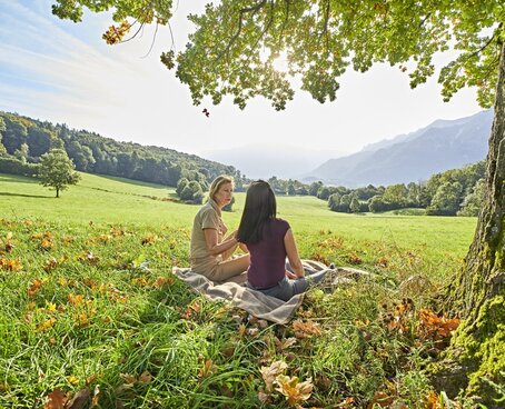 Hier sehen sie eine herbstliche Landschaft. Auf der großen Wiese unter einem großen Baum sitzen zwei Frauen mit dem Rücken zu uns gedreht. 