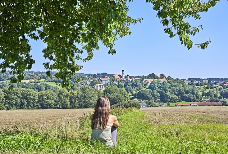 Hier sehen Sie eine Frau von hinten, die unter einem Laubbaum in der Wiese sitzt und den sonnigen Ausblick über Felder auf ein Dorf genießt. 