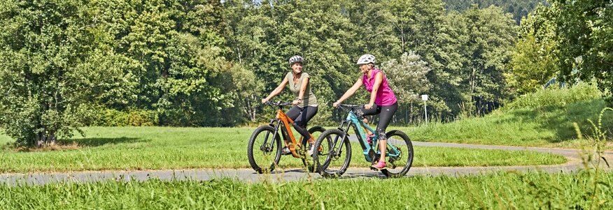 Hier sehen Sie zwei Radfahrer, die durch de Natur fahren. 