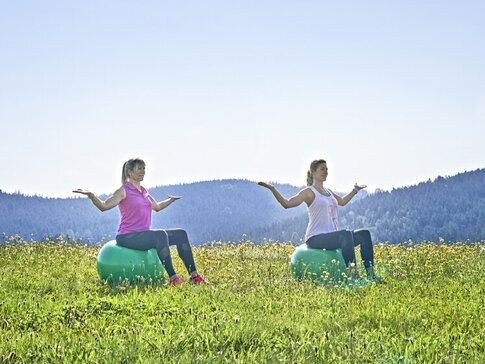 Hier sehen Sie zwei Frauen auf einer Wiese. Sie tragen Sportkleidung und machen Gymnastik auf einem Sportball.