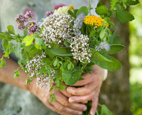 Hier sehen Sie den Körper einer Frau. Sie hat in der Hand einen Strauß aus Blumen und Kräutern. 