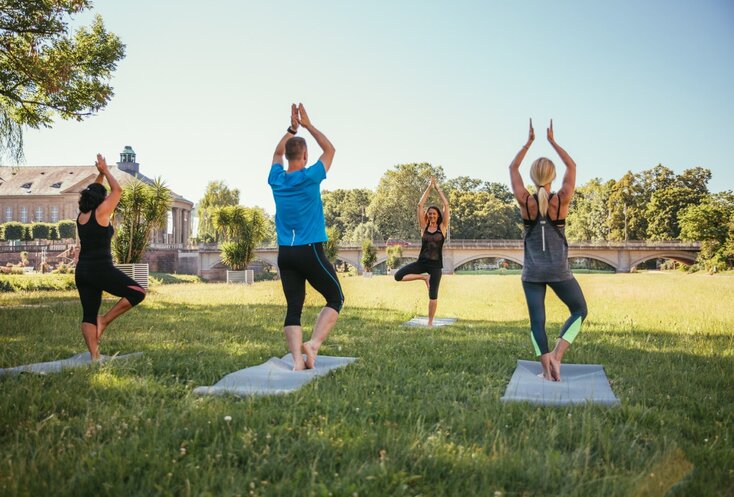 Hier sehen Sie mehrere Frauen auf einer Wiese stehen. Sie haben Yogamatten unter ihren Füßen und praktizieren Yoga. 