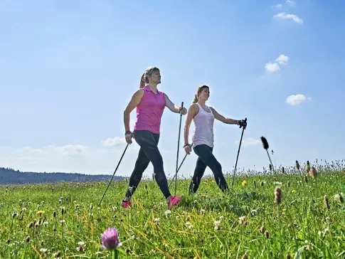 Zwei Frauen beim Nordic Walking in grüner Natur